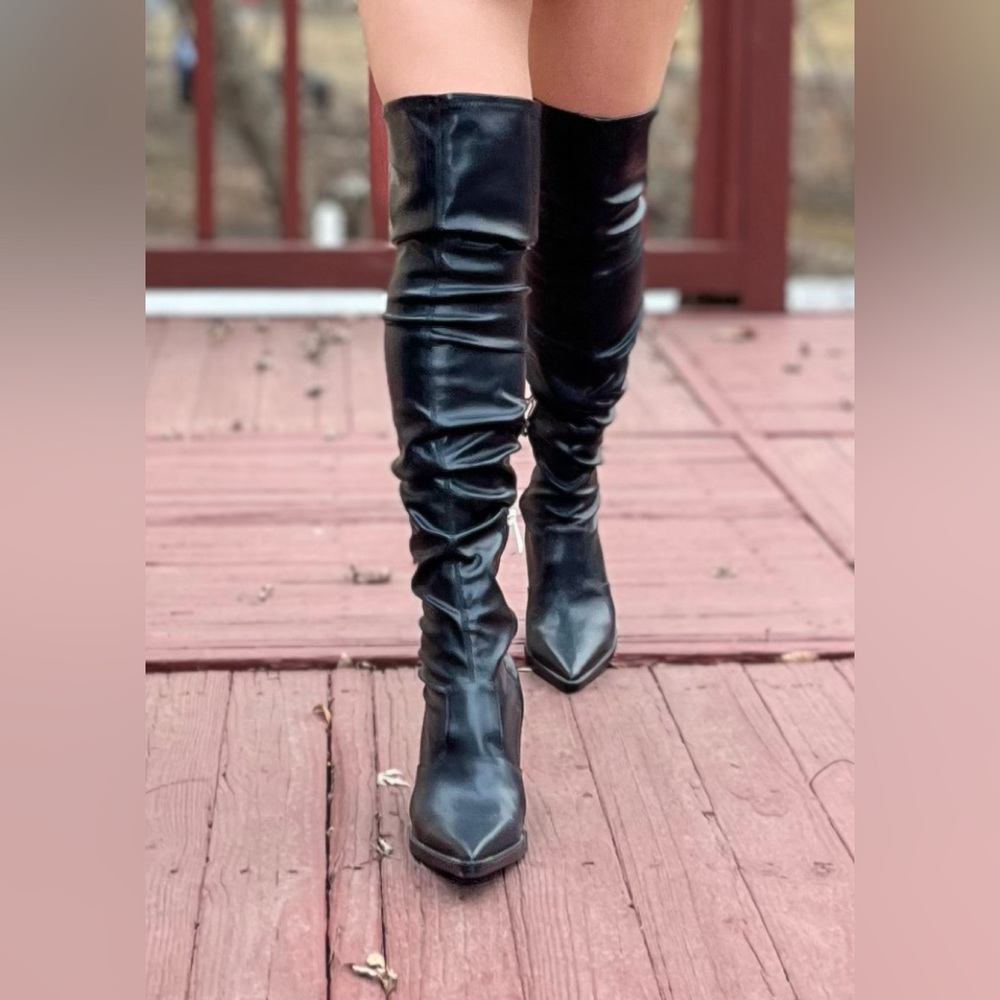 Zara Black Above Knee Boots, Angled Block Heel, Pointed Toe, Zipper, 39 (US 8.5) - Picture 2 of 11